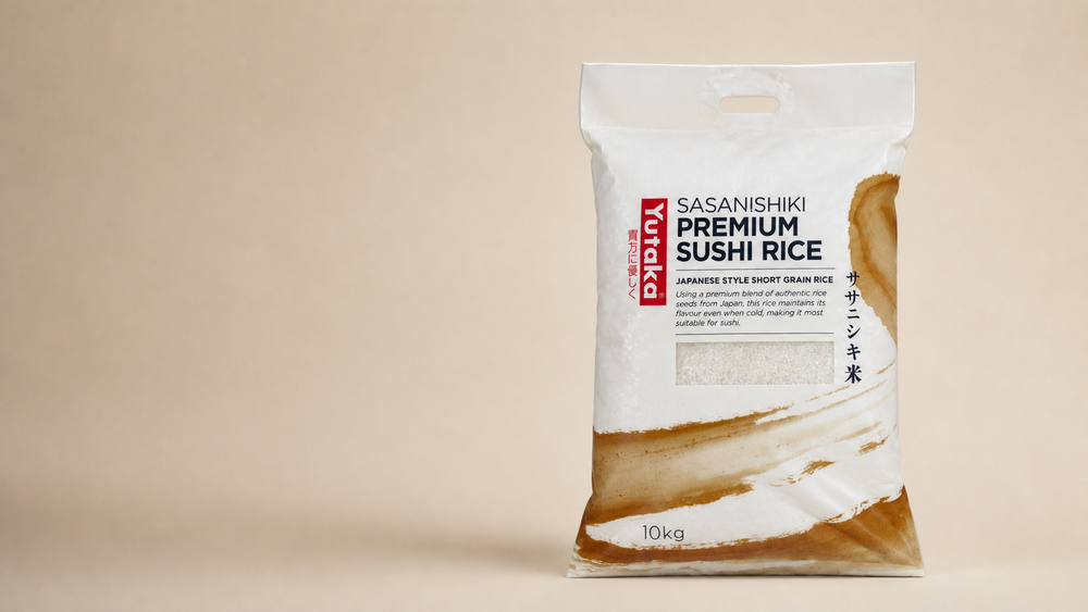 Yutaka Sasanishiki Premium Sushi Rice 10kg on a warm studio background