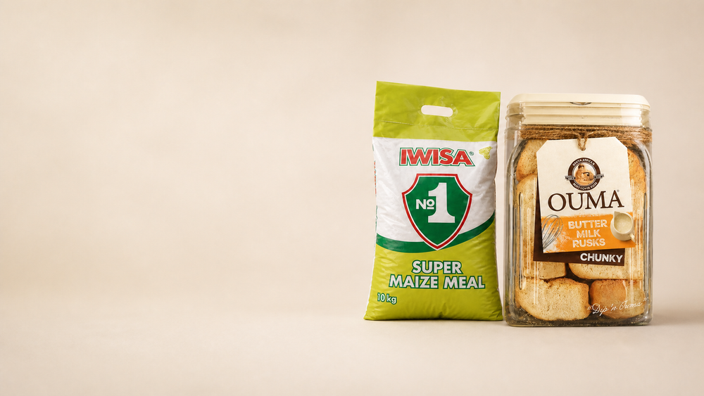 Iwisa maize meal and Ouma rusks fully visible on a warm studio background