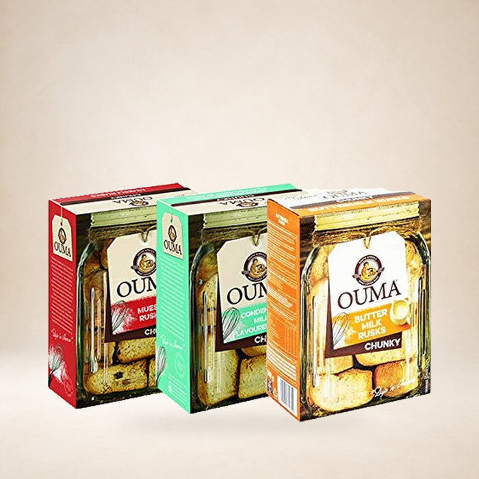 Ouma Rusks Variety Pack 3 × 500g (Buttermilk, Condensed Milk & Muesli) on a warm studio background