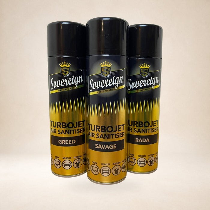 Sovereign Turbojet Air Sanitiser 3 × 500ml (Greed, Rada & Savage) on a warm studio background