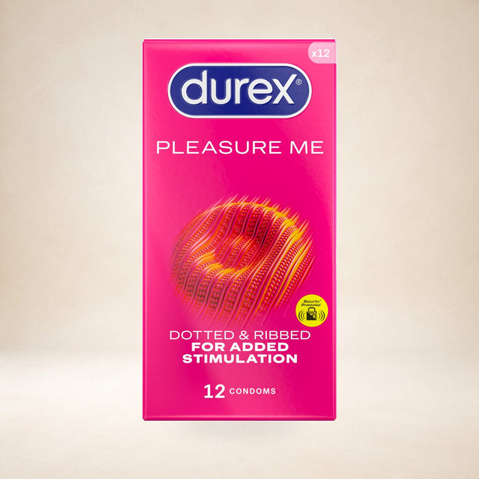 Durex Pleasure Me Condoms, 12 Pack on a warm studio background