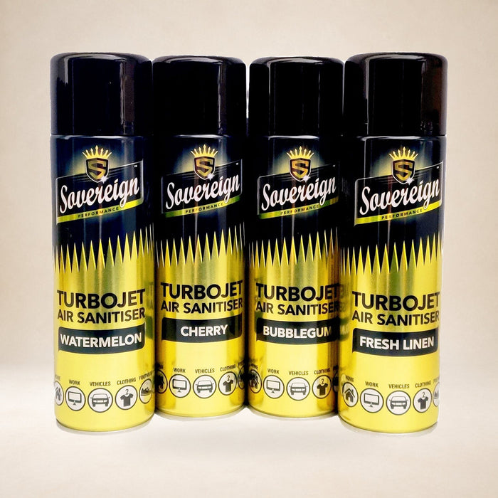 Sovereign Turbojet Air Sanitiser Variety Pack 4 × 500ml on a warm studio background