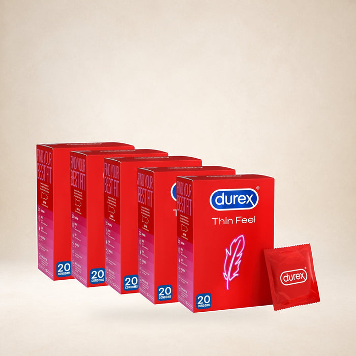 Durex Thin Feel Condoms - Pack of 14 on a warm studio background
