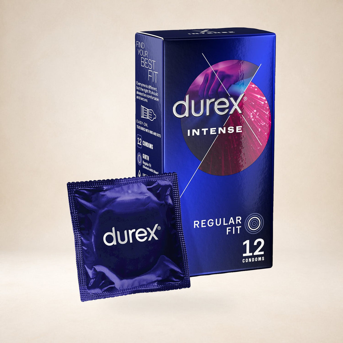 Durex Intense Feel Condoms, 12 Pack on a warm studio background
