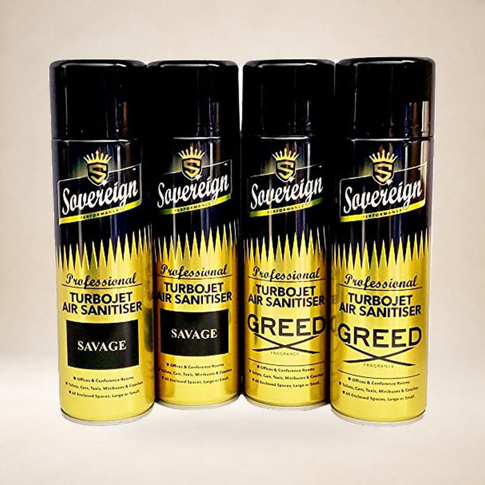 Sovereign Turbojet Savage & Greed Air Sanitiser 4 × 500ml (2 Each) on a warm studio background
