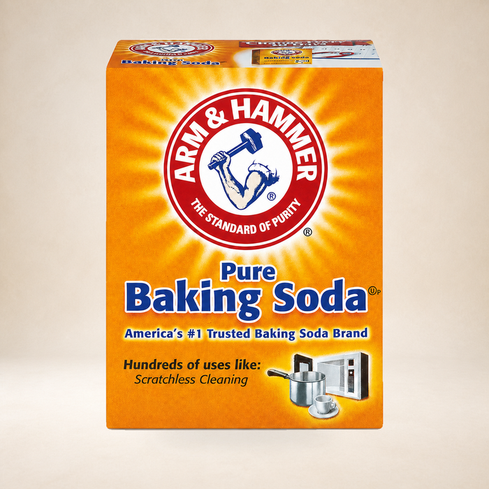 Arm & Hammer Pure Baking Soda 227g on a warm studio background