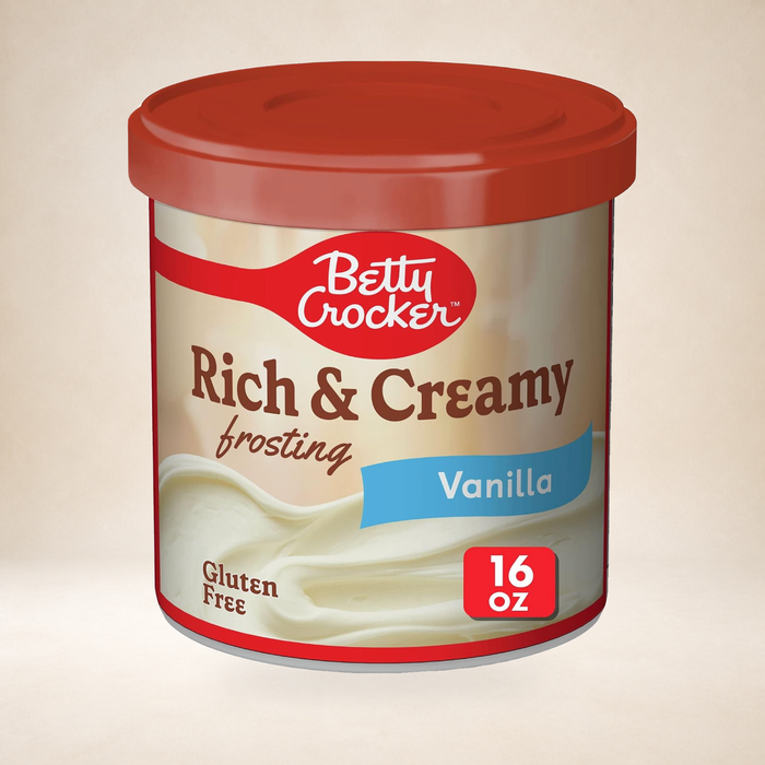 Betty Crocker Rich & Creamy Vanilla Frosting 415g on a warm studio background