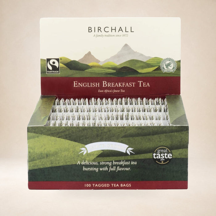 Birchall English Breakfast Tea, 100 Bags (250g) on a warm studio background