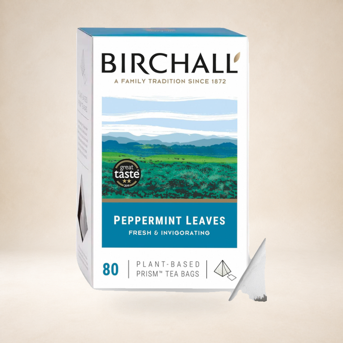 Birchall Peppermint Prism Tea, 80 Bags on a warm studio background