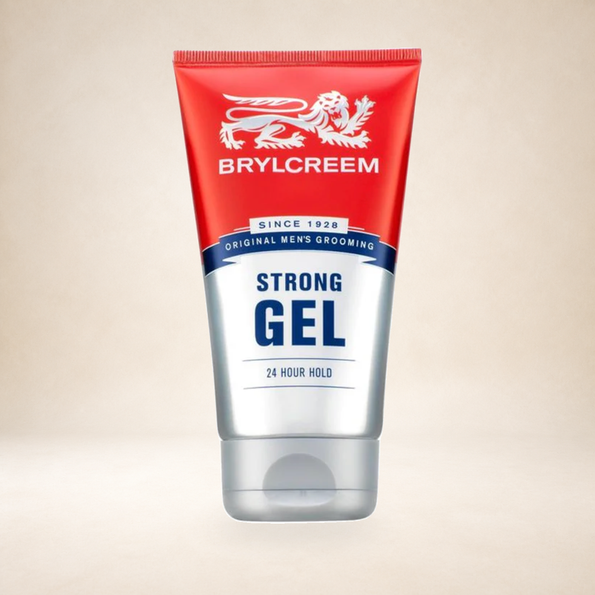 Brylcreem Strong Gel Tube 150ml on a warm studio background
