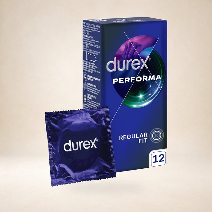Durex Performa Condoms, 12 Pack on a warm studio background