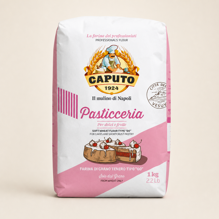Caputo Pasticceria Flour 1kg full bag on a warm studio background