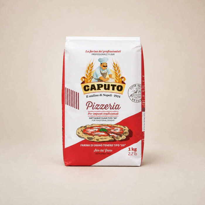 Caputo Pizzeria Flour 1kg bag fully visible on a warm studio background