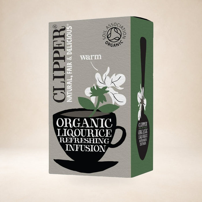 Clipper Liquorice Tea, 20 Bags on a warm studio background