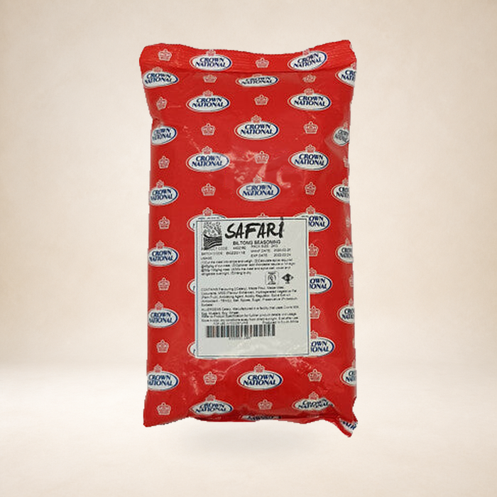 Crown National Safari Biltong Seasoning 1kg on a warm studio background