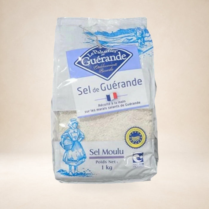 Le Paludier de Guérande Fine Celtic Sea Salt 1kg on a warm studio background
