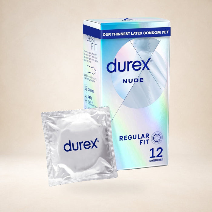 Durex Nude Regular Fit Condoms, 12 Pack on a warm studio background