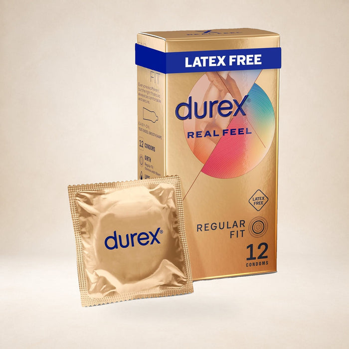 Durex Real Feel Non-Latex Condoms, 12 Pack on a warm studio background
