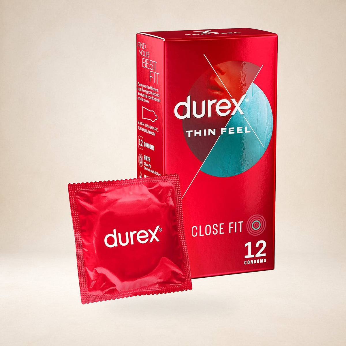 Durex Thin Feel Close Fit Condoms, 12 Pack on a warm studio background