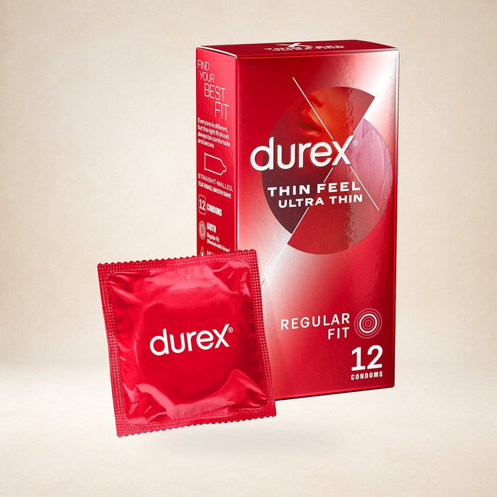Durex Thin Feel Ultra Thin Condoms, 12 Pack on a warm studio background