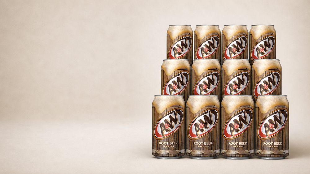 A&W Root Beer case of 12 on a warm studio background