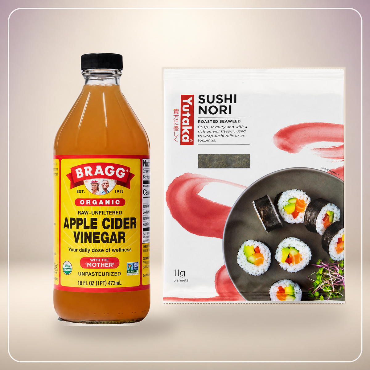 Bragg Apple Cider Vinegar 473ml and Yutaka Sushi Nori 11g in clean studio lighting