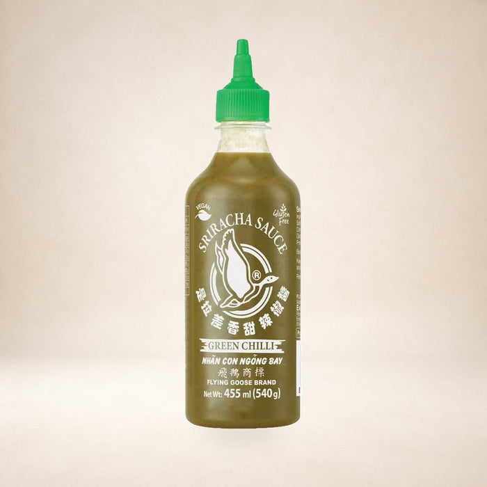 Flying Goose Green Sriracha Chilli Sauce 455ml on a warm studio background
