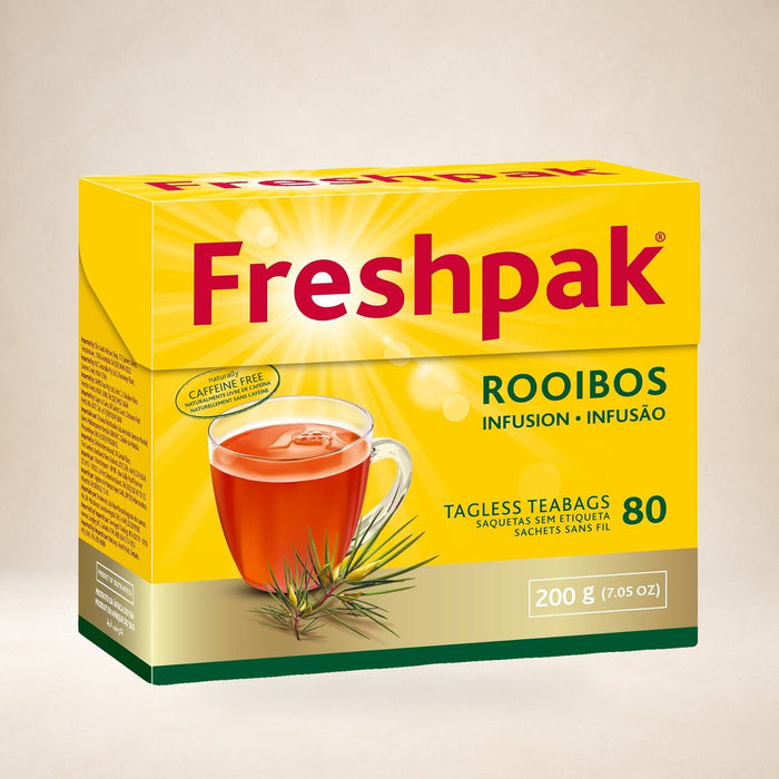 Freshpak Rooibos Tea, 80 Tagless Tea Bags on a warm studio background
