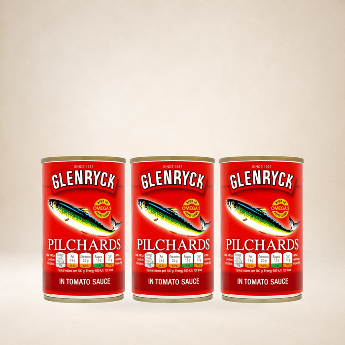 Glenryck Pilchards in Tomato Sauce 155g, pack of 3, on a warm studio background
