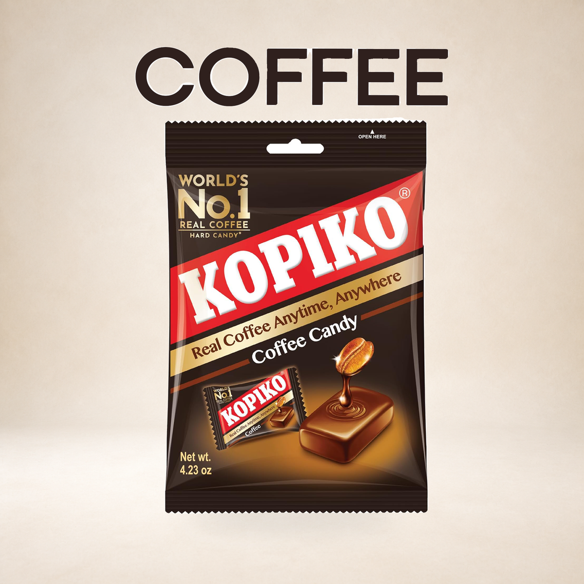 Kopiko Coffee Candy 100g on a warm studio background