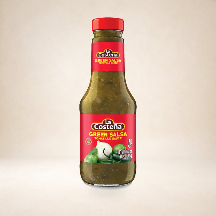 La Costeña Green Salsa 475g on a warm studio background