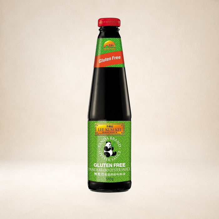 Lee Kum Kee Panda Brand Gluten-Free Oyster Sauce 510g on a warm studio background