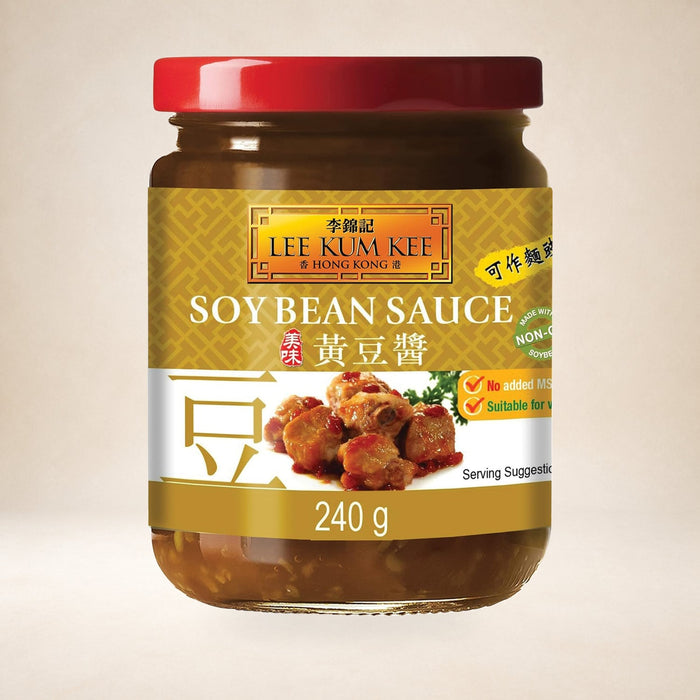 Lee Kum Kee Yellow Bean Sauce 240g on a warm studio background