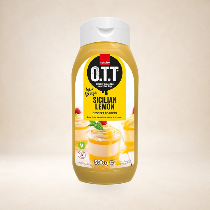 Macphie OTT Sicilian Lemon Dessert Topping Sauce 500g on a warm studio background