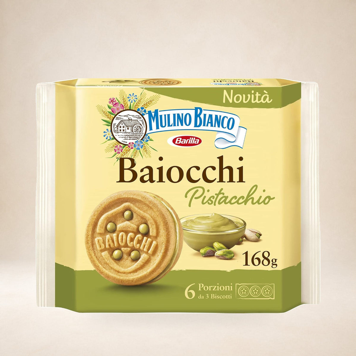Mulino Bianco Baiocchi Pistachio Biscuits 168g on a warm studio background