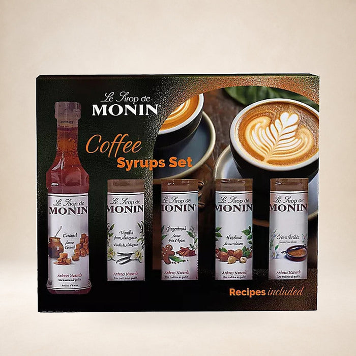 Monin Coffee Syrup Gift Set 5 × 50ml on a warm studio background