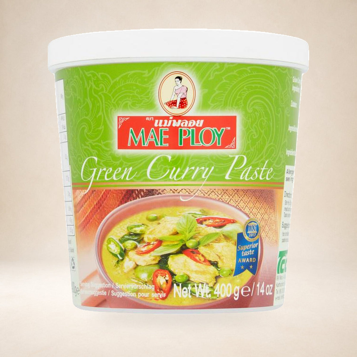 Mae Ploy Green Curry Paste 400g on a warm studio background