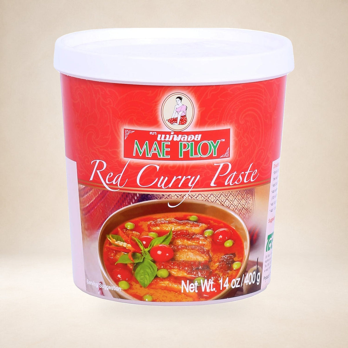 Mae Ploy Red Curry Paste 400g on a warm studio background