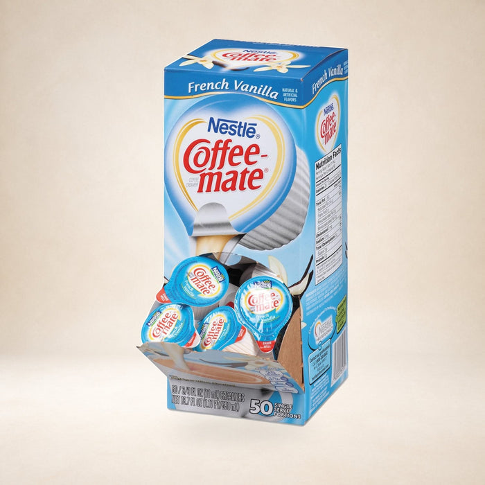 Nestle Coffee Mate French Vanilla 50 Pods on a warm studio background