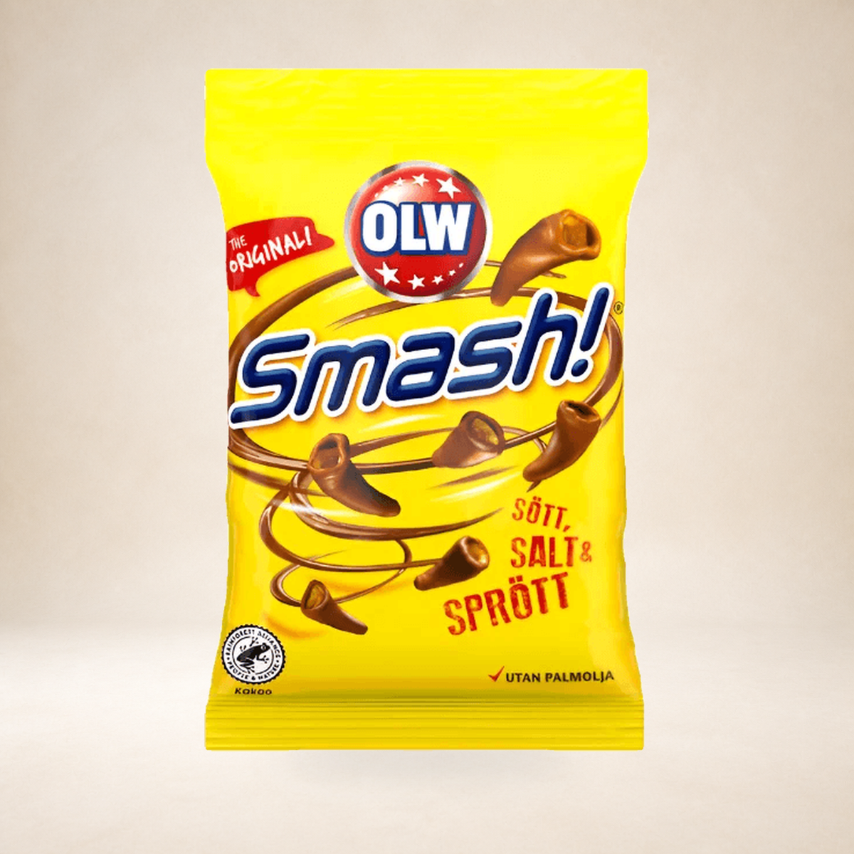 OLW Smash Chocolate-Covered Corn Snacks 100g on a warm studio background