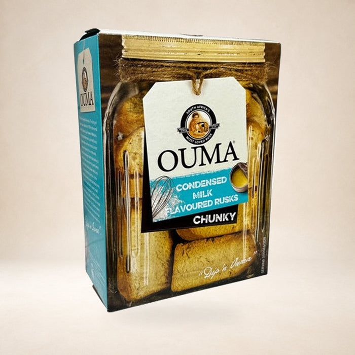 Ouma Condensed Milk Rusks 500g on a warm studio background