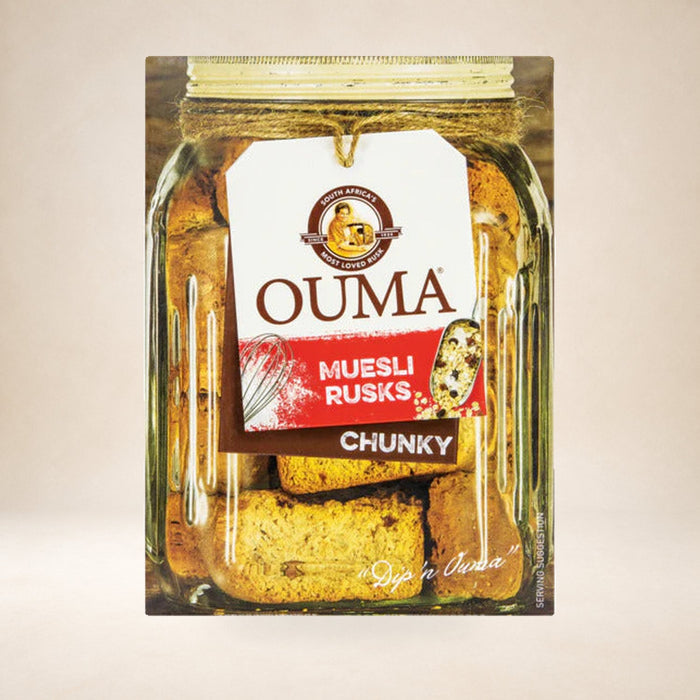 Ouma Muesli Rusks 500g on a warm studio background