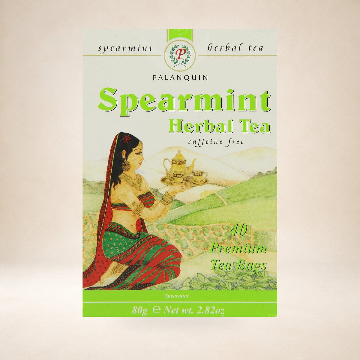 Palanquin Spearmint Tea, 40 Tea Bags on a warm studio background