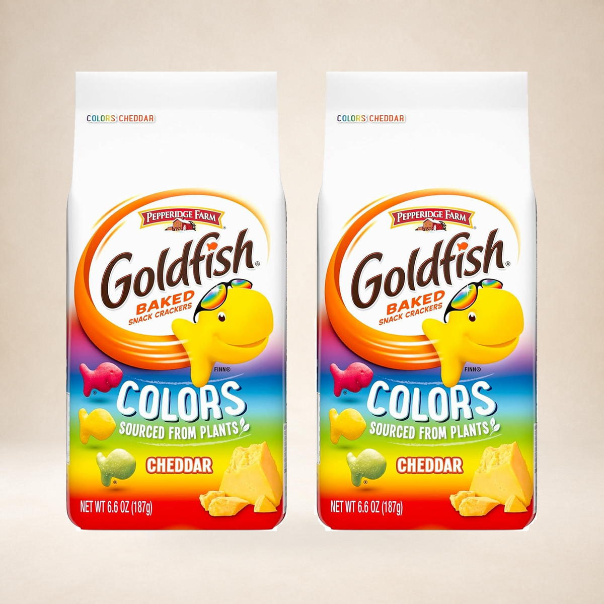 Pepperidge Farm Goldfish Colours Cheddar Crackers 187g, pack of 2, on a warm studio background
