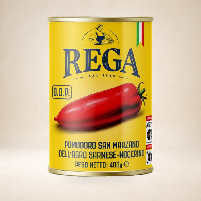 Rega San Marzano Tomatoes 400g on a warm studio background