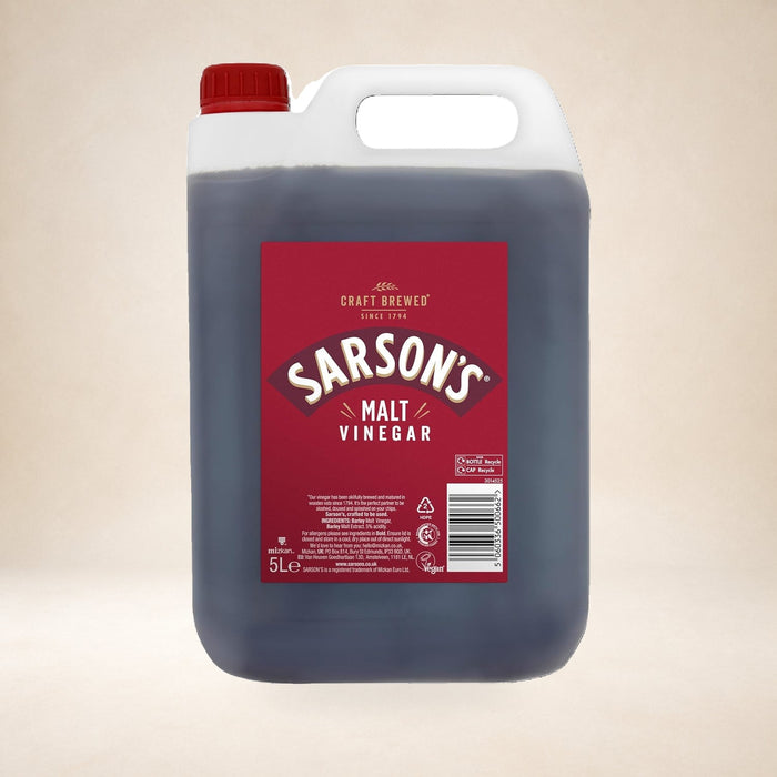 Sarson's Malt Vinegar 5L on a warm studio background