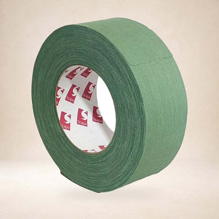 Scapa Olive Green Army Fabric Tape 5cm × 50m on a warm studio background