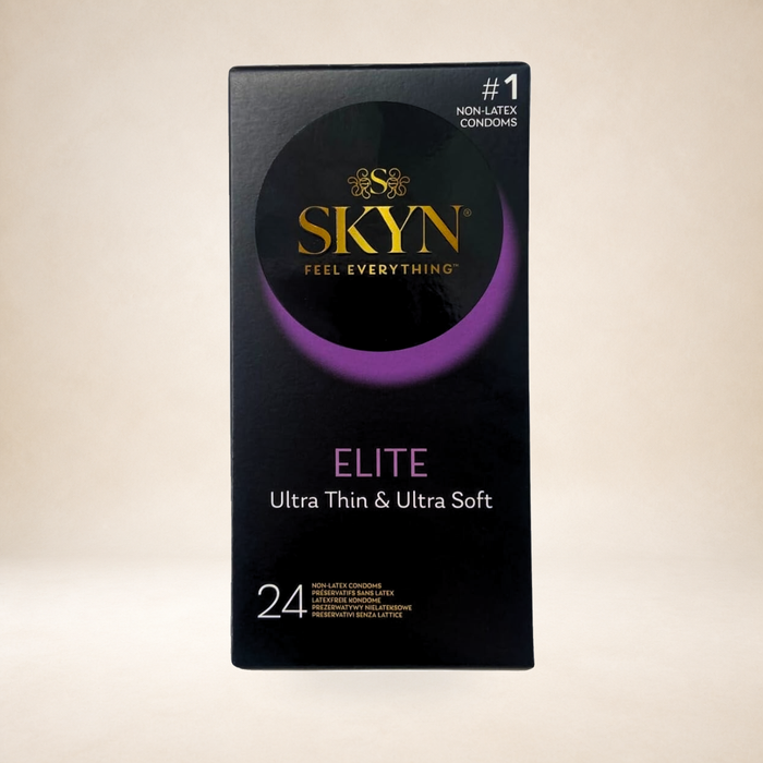 SKYN Elite Ultra-Thin Non-Latex Condoms, 24 Pack on a warm studio background
