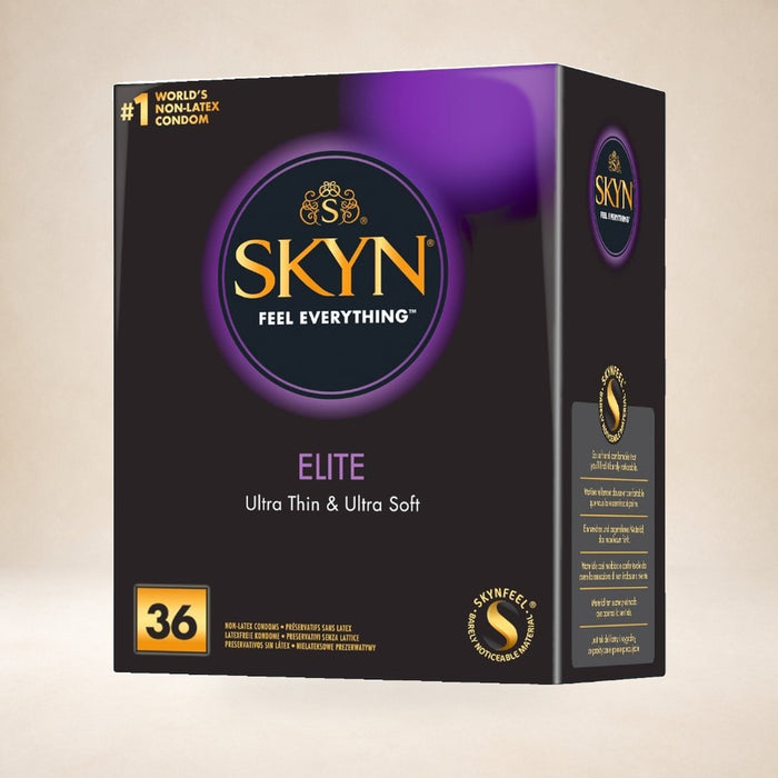 SKYN Elite Ultra-Thin Non-Latex Condoms, 36 Pack on a warm studio background