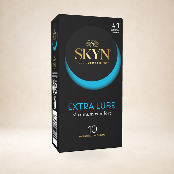 SKYN Extra Lube Non-Latex Condoms, 10 Pack on a warm studio background